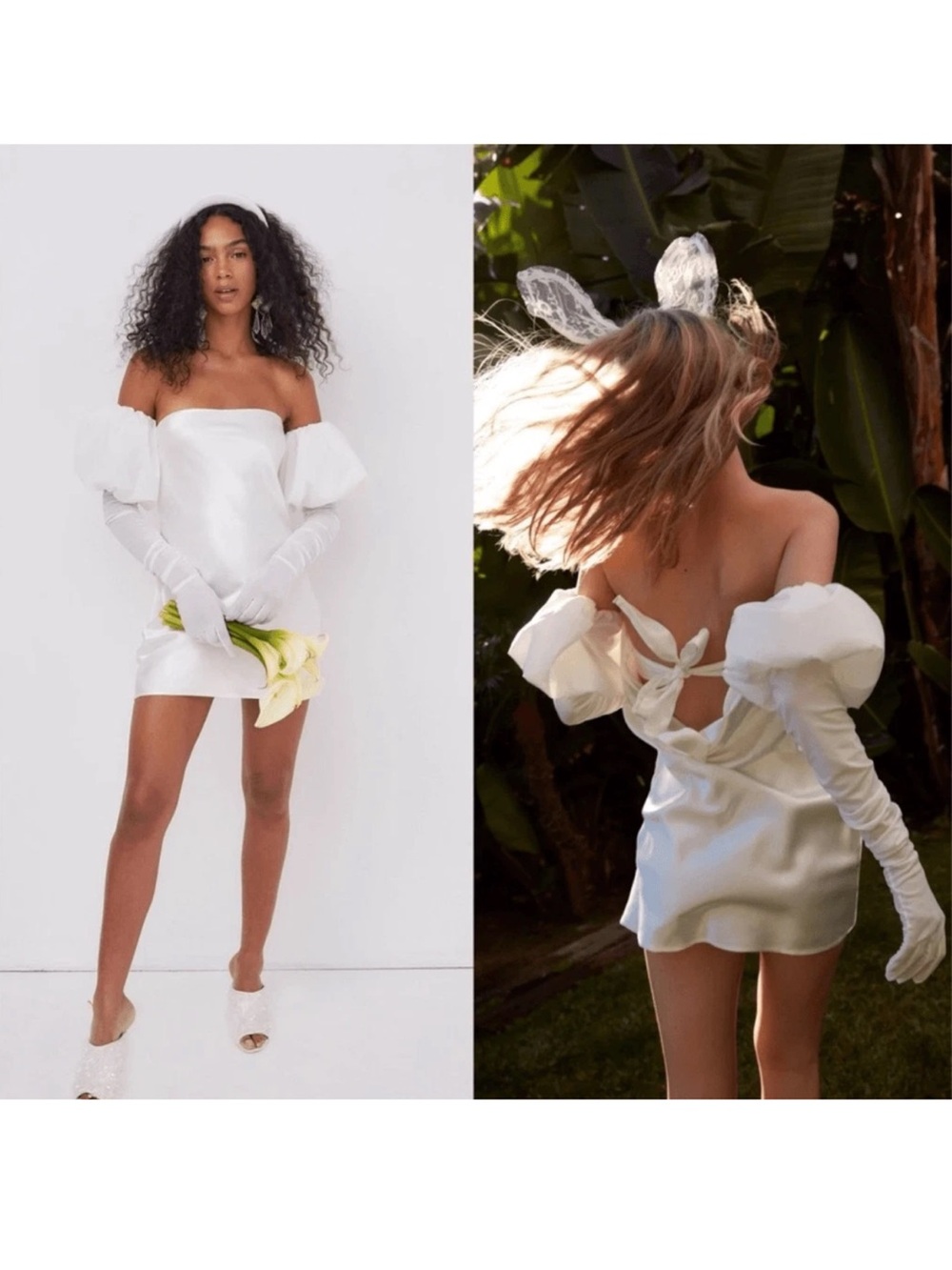 New For Love & Lemons Hazel Bridal Mini Dress Long Gloves Satin White Large